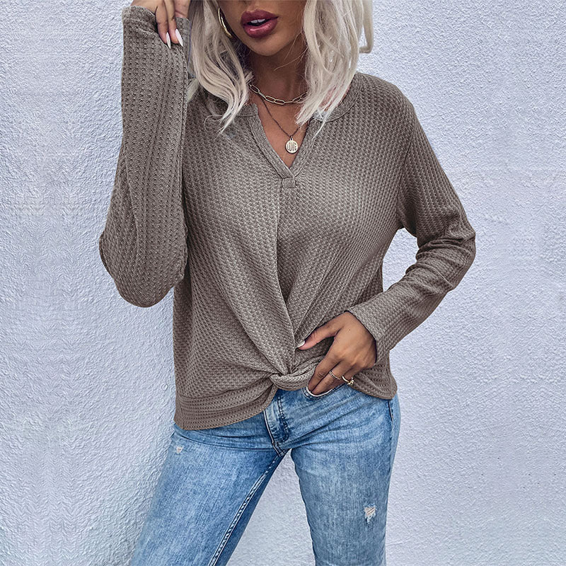 Damen lässiger V-Ausschnitt Pullover mit Knopfdetails und Knotendesign EB