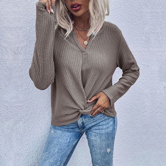 Damen lässiger V-Ausschnitt Pullover mit Knopfdetails und Knotendesign EB