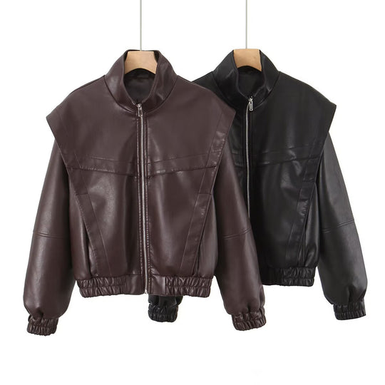 Damen elegante Kunstlederjacke mit hohem Kragen EB