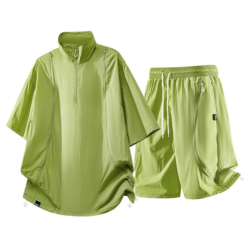 Herren nan oversized sportliches Freizeit-Set mit Halbzip, Stehkragen und elastischen Cargo-Shorts EB