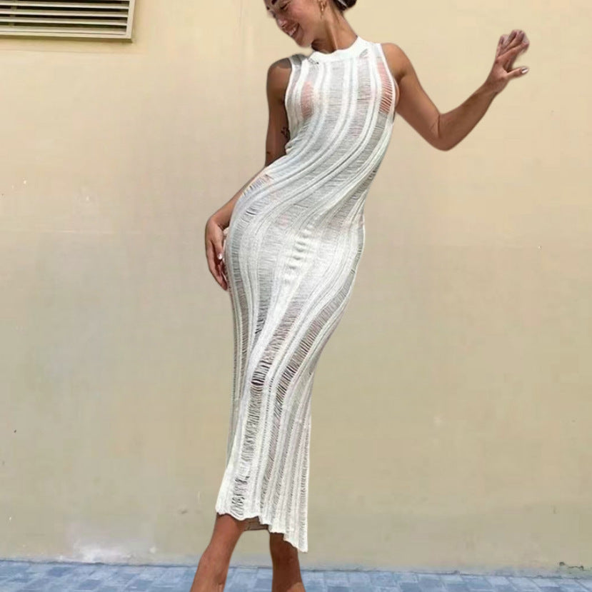Damen Enges Strickkleid mit transparenten Details EB