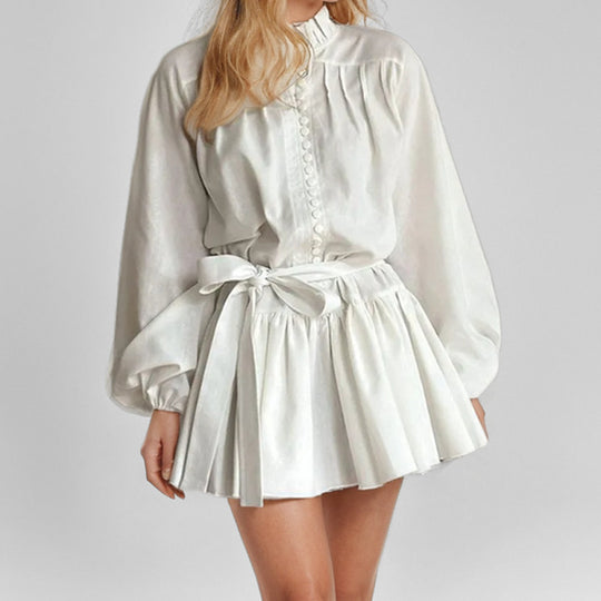 Damen Puffärmel Hemdkleid mit Rüschendetails und tailliertem Gürtel EB