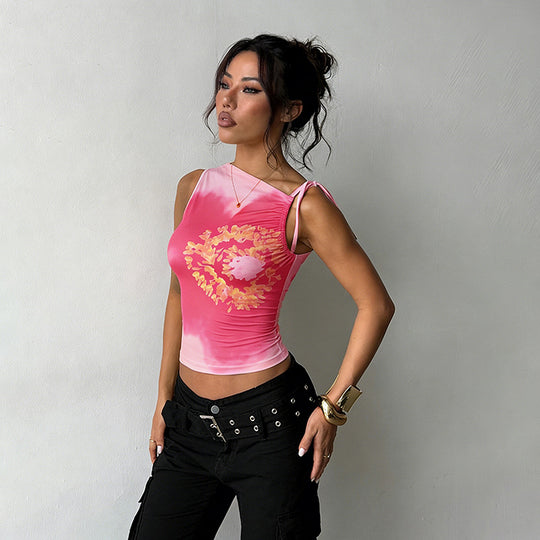 Damen Trägertop mit floralem Design und elastischen Rüschen EB