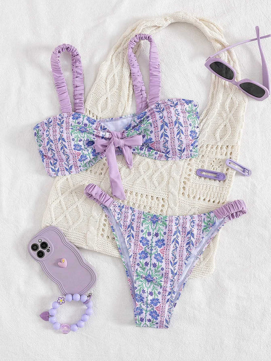 Damen Bandeau-Bikini mit floralem Design und verspielten Rüschen EB