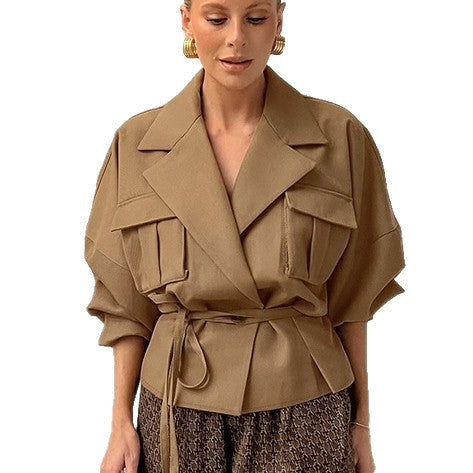 Damen Elegante Utility-Jacke mit Taillengürtel und praktischen Taschen EB