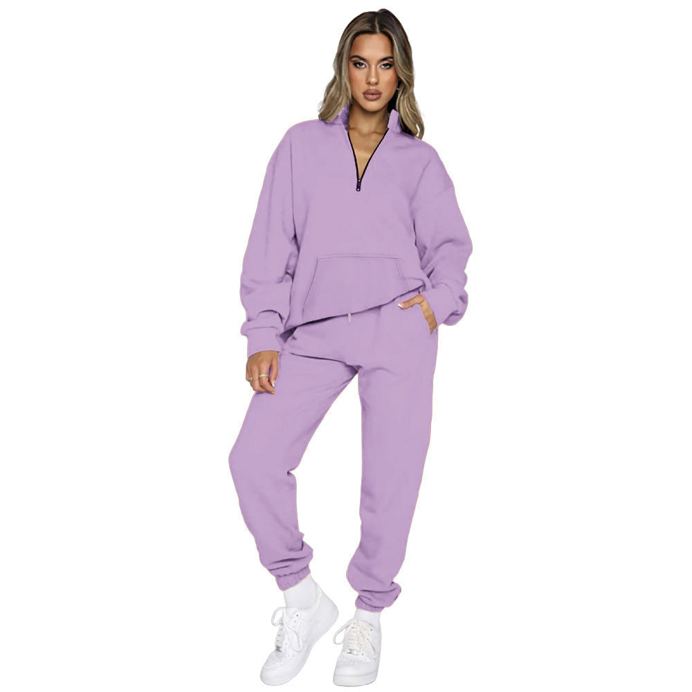 Damen nan French‑Terry Relax‑Loungewear‑Set mit halbem Reißverschluss, Kängurutasche und taillierter, schmal zulaufender Jogginghose EB