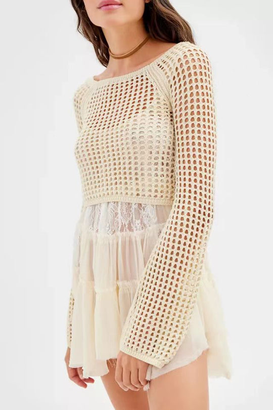 Damen gehäkeltes Crop-Top mit weiten Ärmeln und bunten Streifen EB