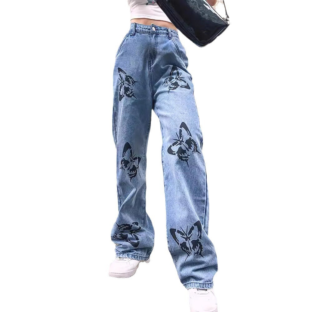 Damen nan weite High-Waist-Jeans mit Gothic-Schmetterlingsprint und entspanntem Straight-Leg EB