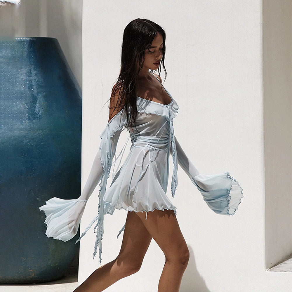 Damen Transparente Strandmode mit voluminösen Rüschendetails EB