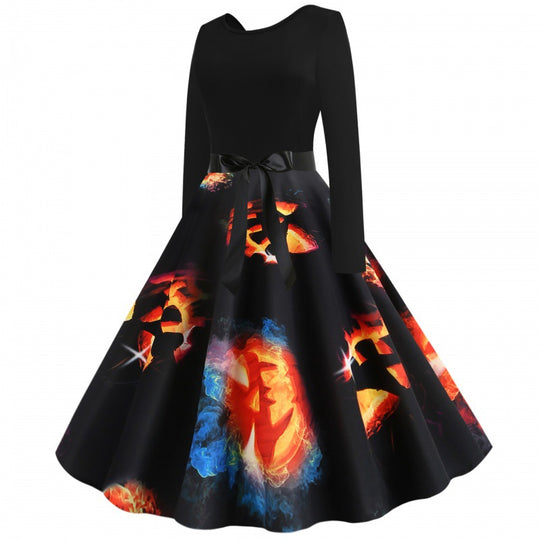 Damen Vintage-inspiriertes A-Linien-Kleid mit Kürbis-Print und Taillenschleife EB