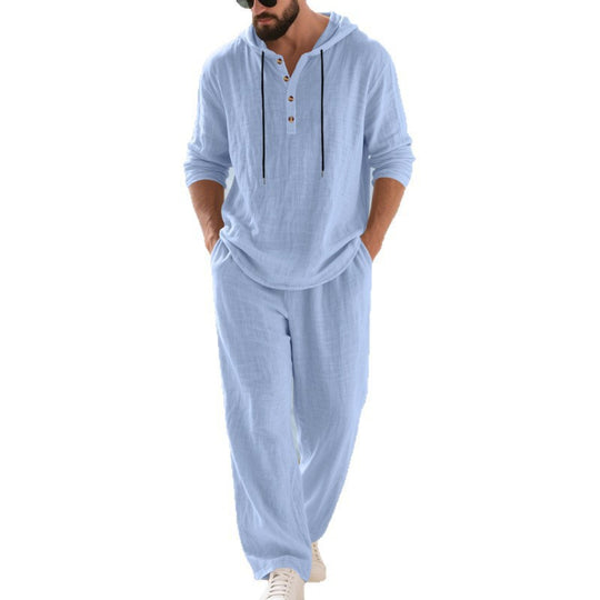 Herren nan lässiges Leinenzweiteiler-Set mit Kapuzenhemd im Henley-Stil und weiten Freizeit-Hosen EB