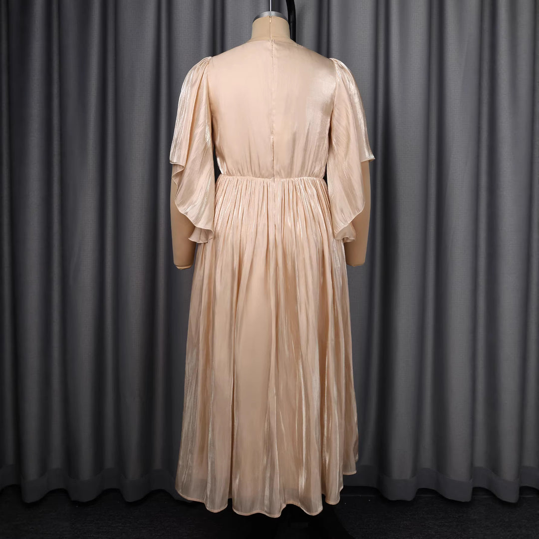 Damen Fließendes Maxi-Kleid mit eleganten Volantärmeln und Taillengürtel EB
