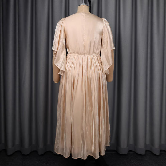 Damen Fließendes Maxi-Kleid mit eleganten Volantärmeln und Taillengürtel EB