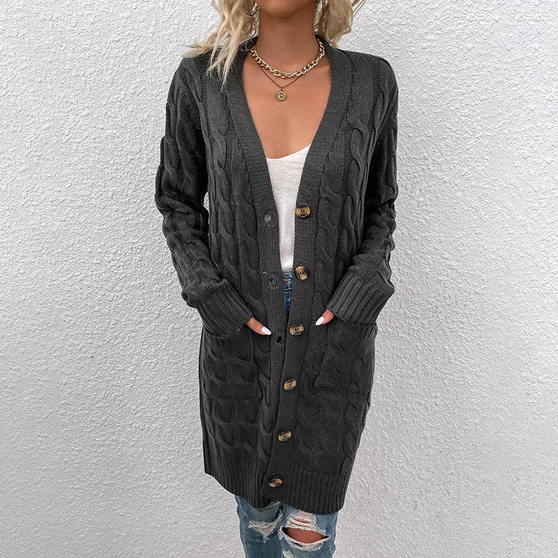 Damen Strickjacke mit tiefem V-Ausschnitt und elegantem Zopfmuster EB
