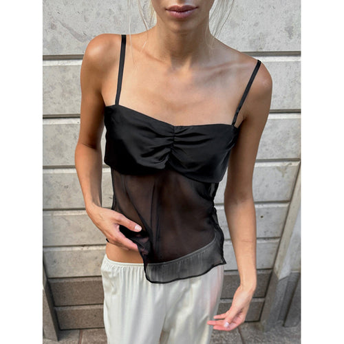 Damen Sexy Trägertop mit transparentem Stoff und raffiniertem Falten-Design EB