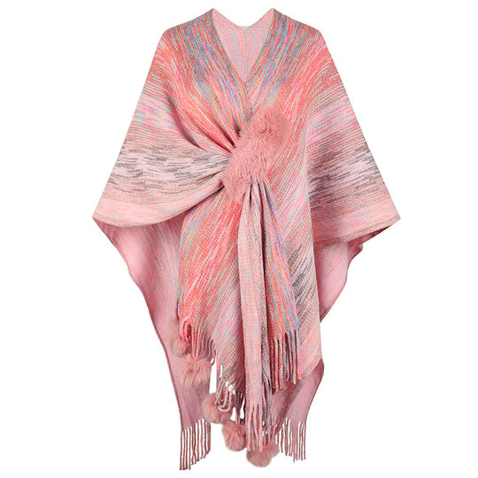 Damen modischer Poncho mit luxuriösem Kunstfellbesatz und kreativen Fransen EB
