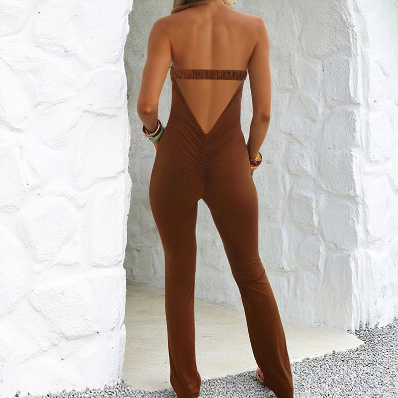 Damen eleganter schulterfreier Jumpsuit mit tiefem Schlüssel-Ausschnitt und figurbetontem Schnitt EB