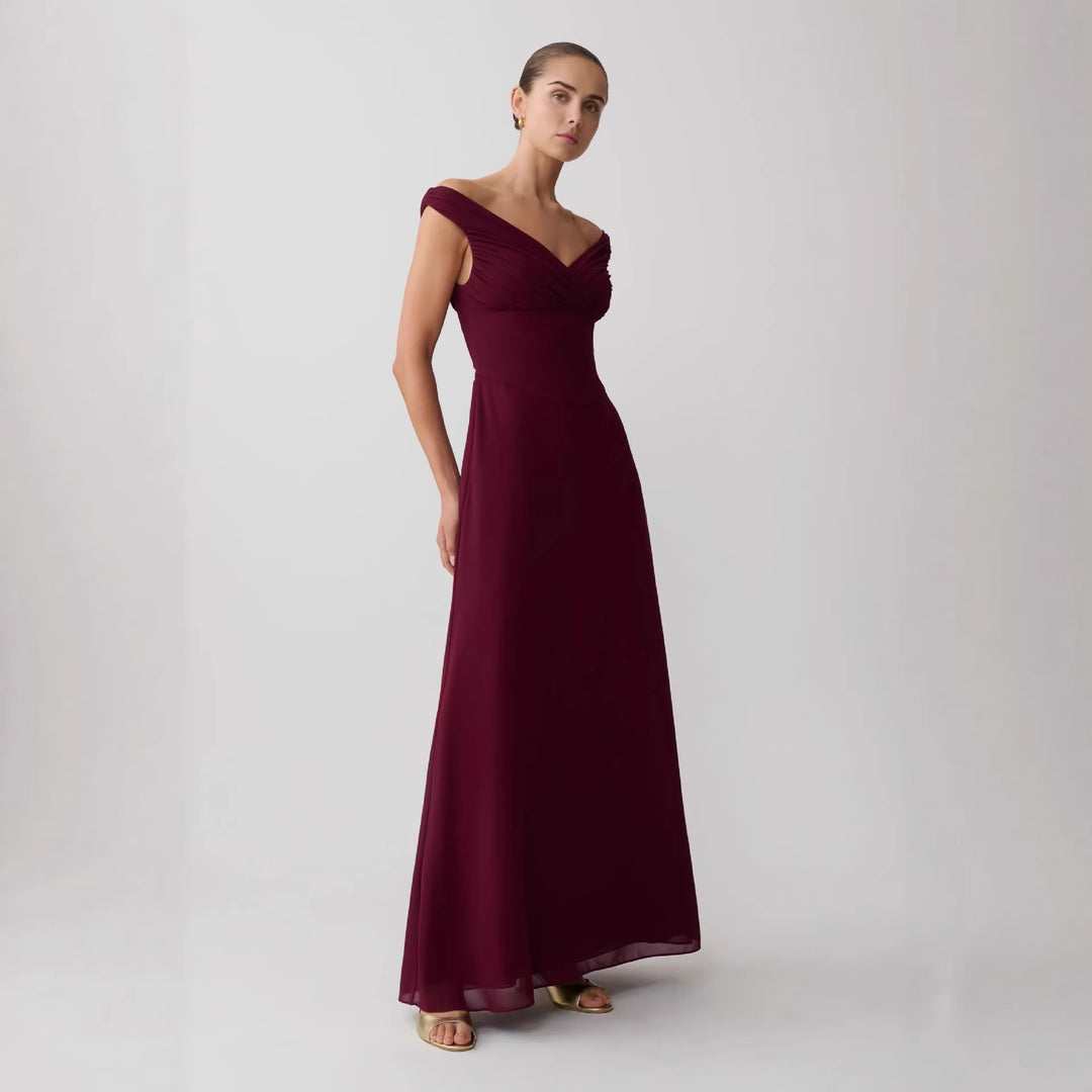Damen Elegantes Off-Shoulder Maxikleid mit fließendem Schnitt EB
