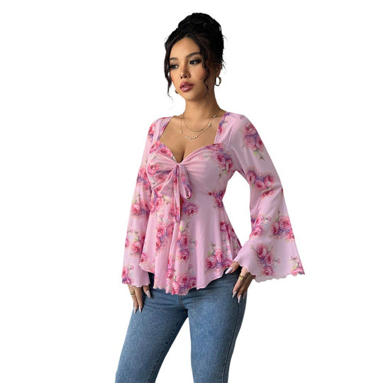 Damen florales Chiffon-Top mit Bindeschleife, Herzausschnitt, ausgestellten Glockenärmeln und tailliertem Schößchen Eichborn Berlin