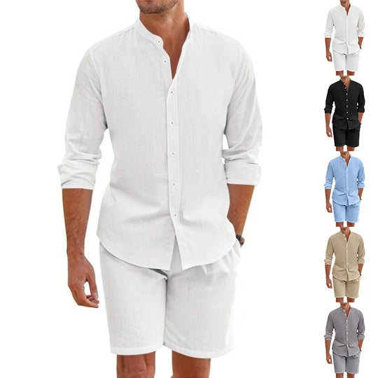 Herren lässiges Outfit-Set mit modernem Henley-Hemd und Shorts EB