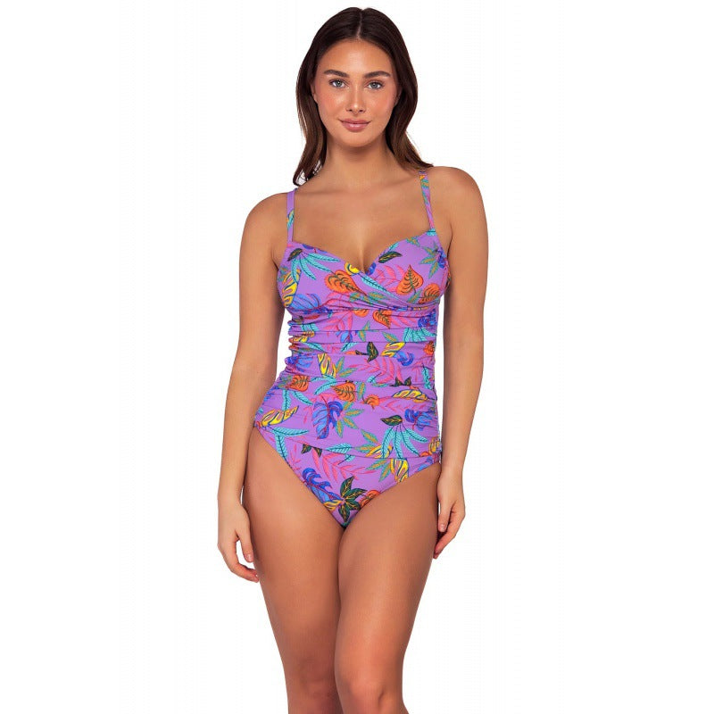 Damen Einteiliger Badeanzug mit floralem Wickeldesign und verstellbaren Trägern EB