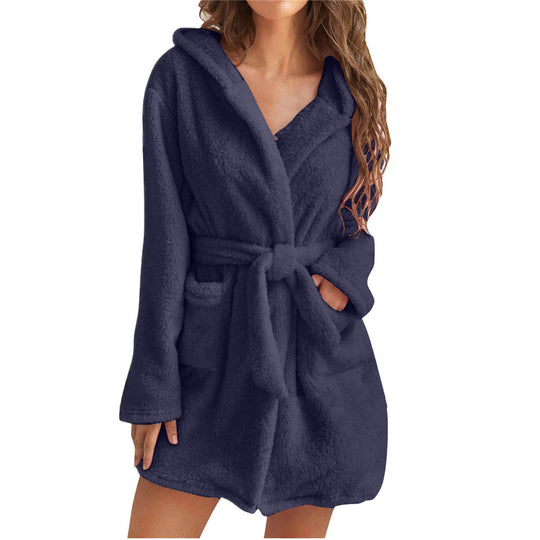 Damen Fleece Bademantel mit Kapuze und Gürtel EB