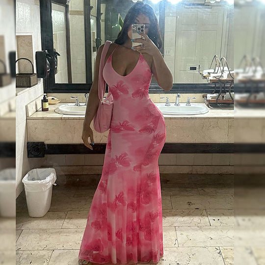 Damen Maxikleid mit tiefem V-Ausschnitt und floralen Akzenten EB