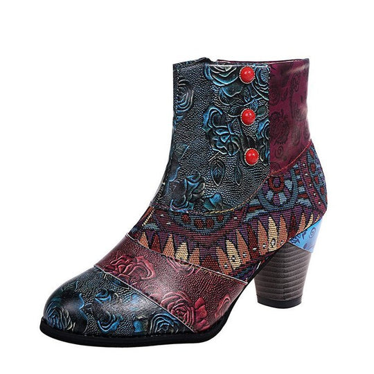 Damen Elegante Stiefeletten mit floralen Mustern und dekorativen Knöpfen EB