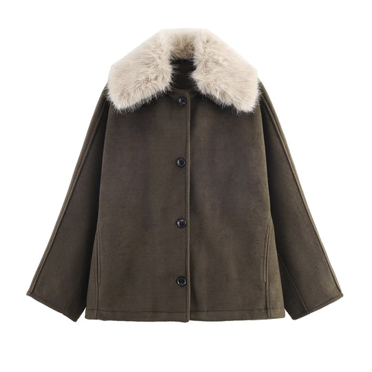 Damen eleganter Oversized-Mantel mit abnehmbarem Kunstfellkragen EB