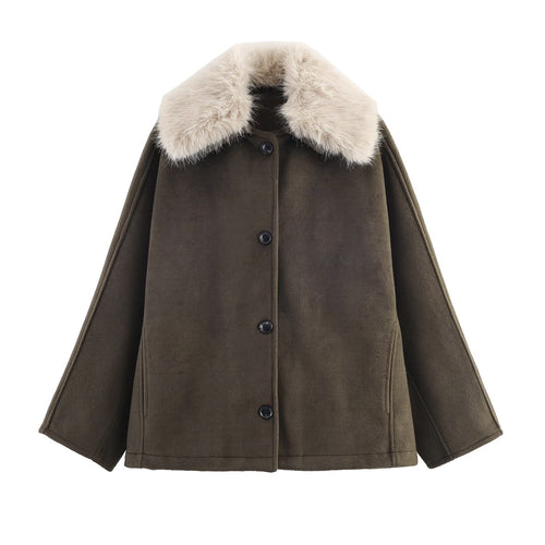 Damen eleganter Oversized-Mantel mit abnehmbarem Kunstfellkragen EB