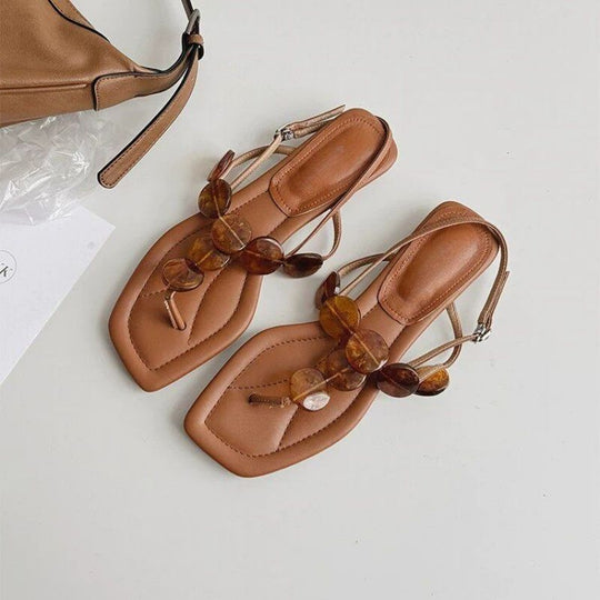 Damen elegante Zehentrenner-Sandalen mit zierlichem Blätter-Design EB