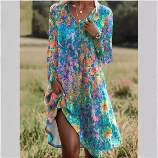 Damen Freizeitkleid mit modischem V-Ausschnitt und Seitenschlitz EB