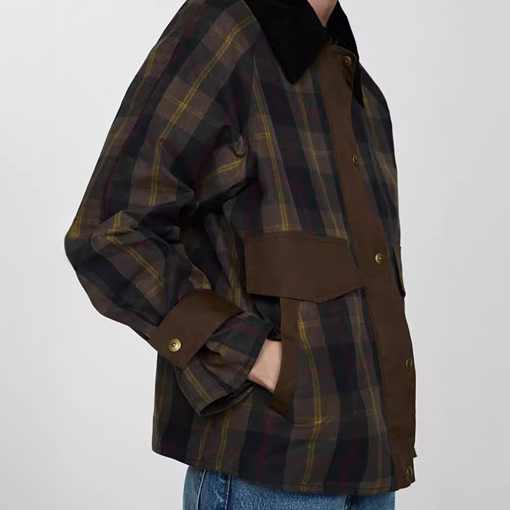 Damen Karierte Jacke mit weichem Cordkragen EB