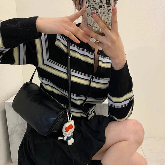 Damen sportliche Strickjacke mit modischem Streifenmuster und verspielten Knöpfen EB