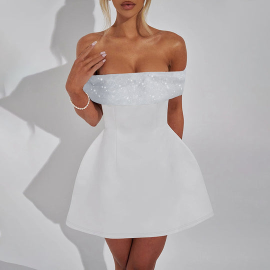 Damen Off-Shoulder Minikleid mit schimmerndem Bustier-Oberteil EB
