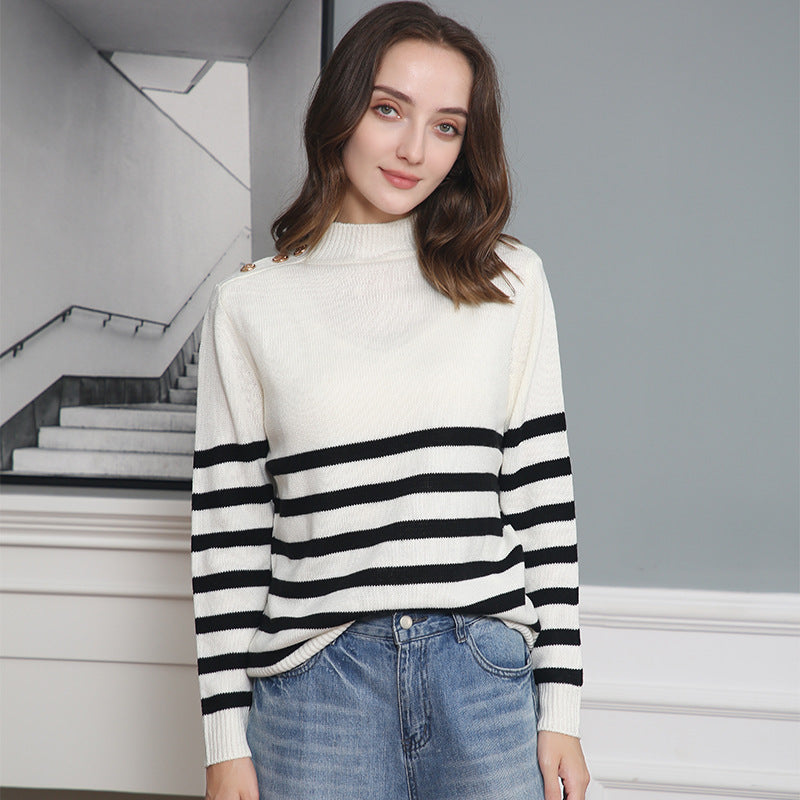 Damen modischer Strickpullover mit Streifenmuster und Knopfdetails EB
