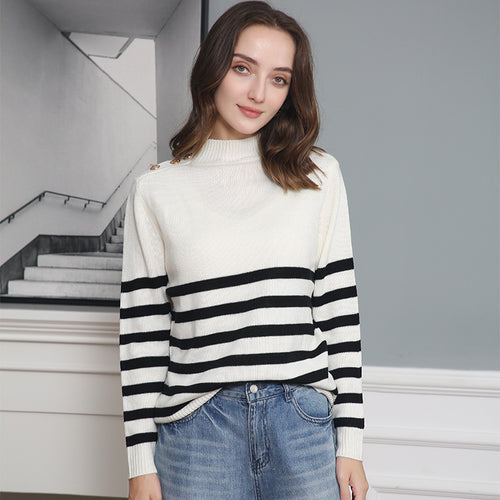 Damen modischer Strickpullover mit Streifenmuster und Knopfdetails EB