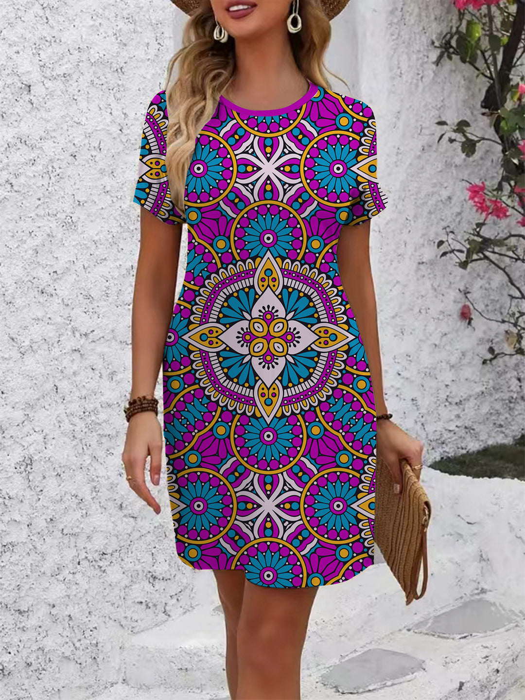 Damen farbenfrohes Mandala Kleid im lässigen Schnitt EB