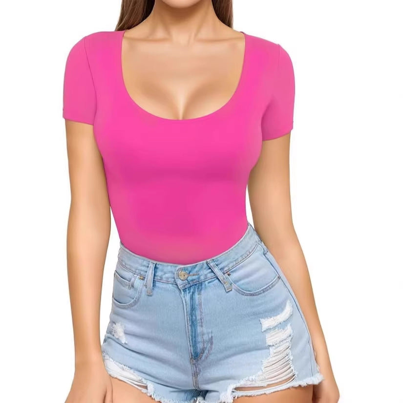 Damen figurbetontes Kurzarm-Body mit rundem Ausschnitt und nahtlosem Design EB