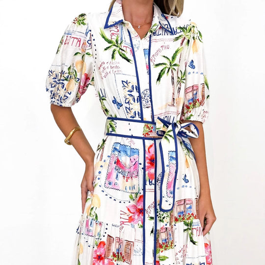 Damen Maxikleid mit buntem floralem Druck und einem eleganten Gürtel EB
