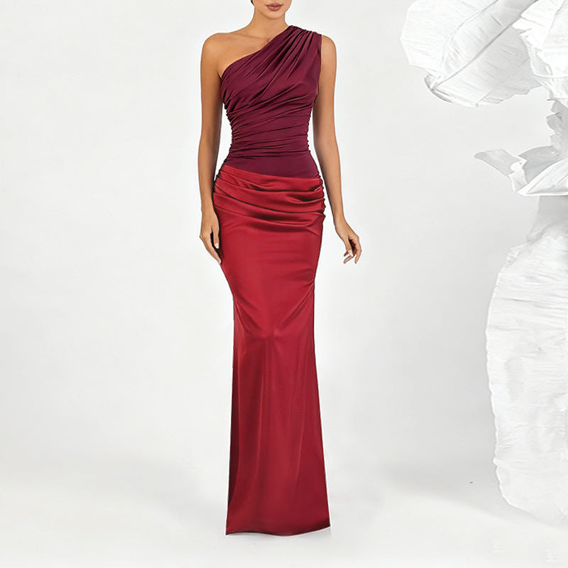 Damen elegantes Maxikleid mit asymmetrischem Oberteil und fließendem Saum EB