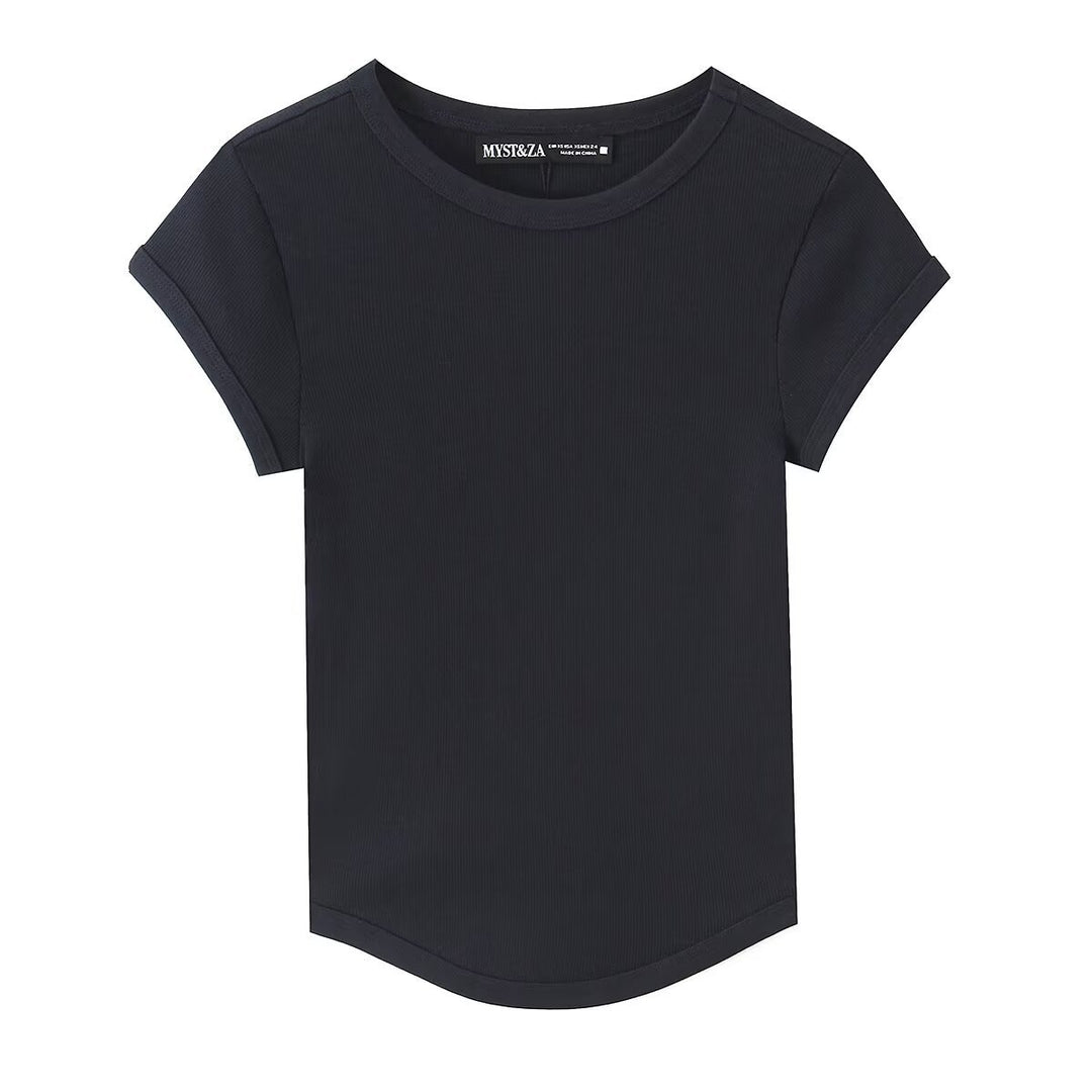 Damen hochwertiges, figurbetontes Basic-T-Shirt mit feiner Rippstruktur EB