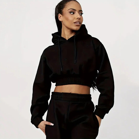 Damen Sportliches Cropped Hoodie und lässige Jogginghose Set EB