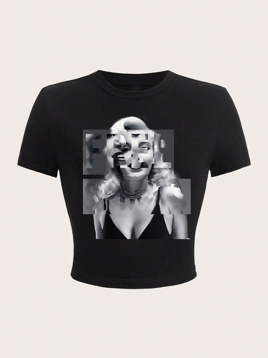 Damen Crop-T-Shirt mit inspirierendem Aufdruck und figurbetontem Schnitt EB