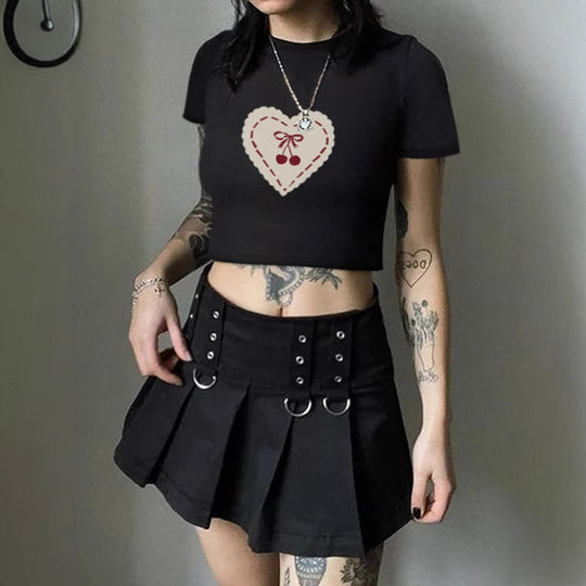 Damen Crop-T-Shirt mit verspieltem Kirschmotiv und elegantem Schleifenprint EB