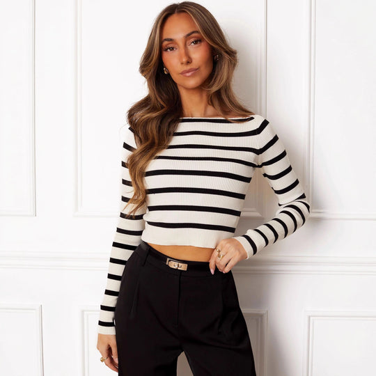 Damen Cropped Langarmshirt mit gestreiftem Muster und weichem Rippdesign EB