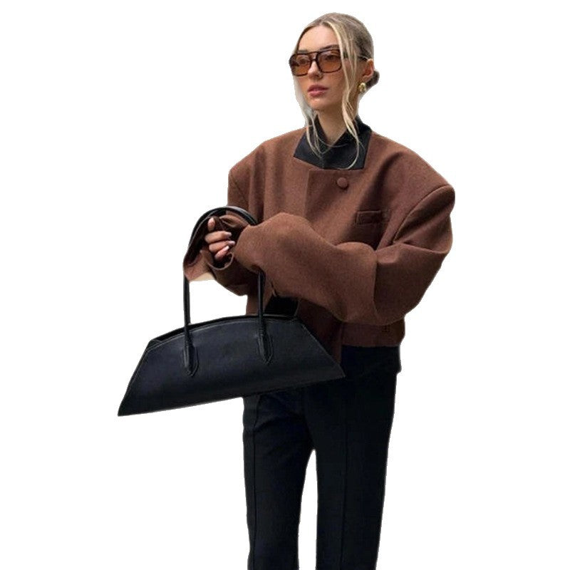 Damen Oversized Wolljacke mit hohem Kragen und modernem Schnitt EB