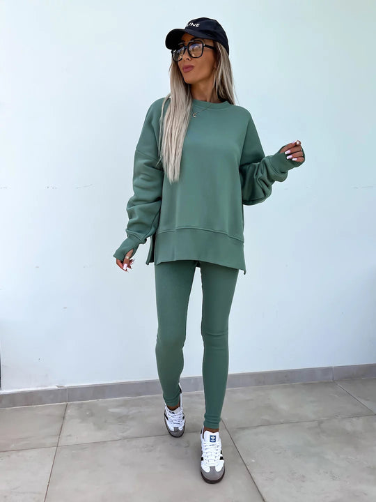 Damen komfortables Oversize-Lounge-Set mit langem Sweatshirt, gerippten High-Waist-Leggings und verlängerten Bündchen EB