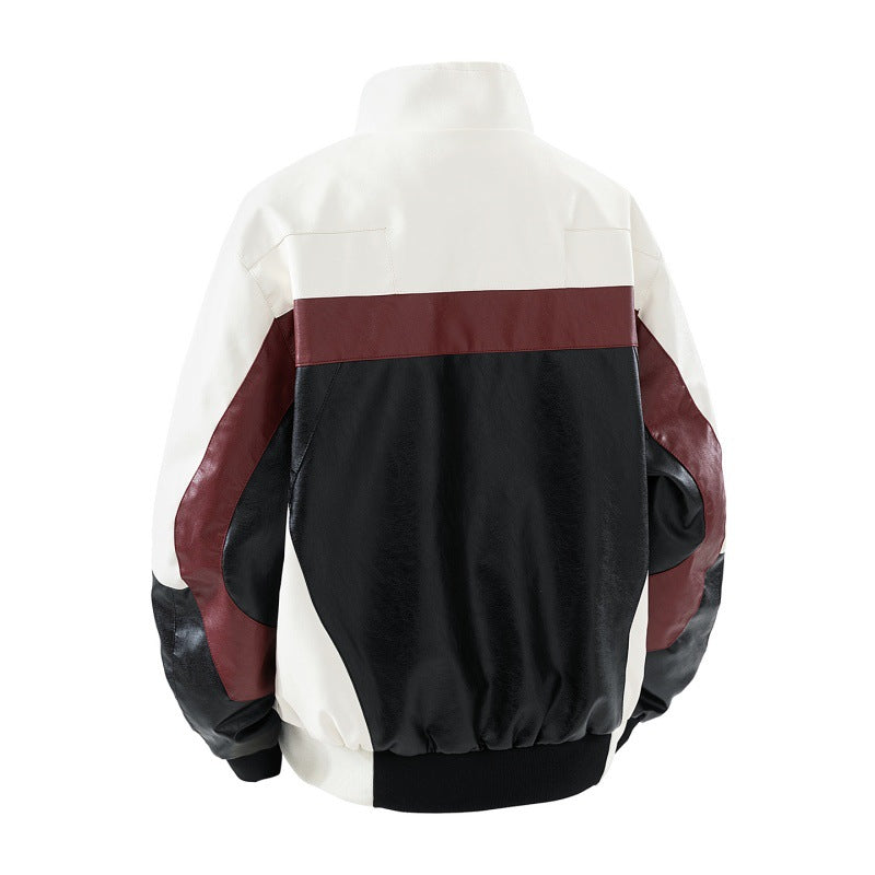 Herren Lederimitat-Bomberjacke im Colorblock-Stil mit Stehkragen, Zwei-Wege-Reißverschluss und elastischen Bündchen EB