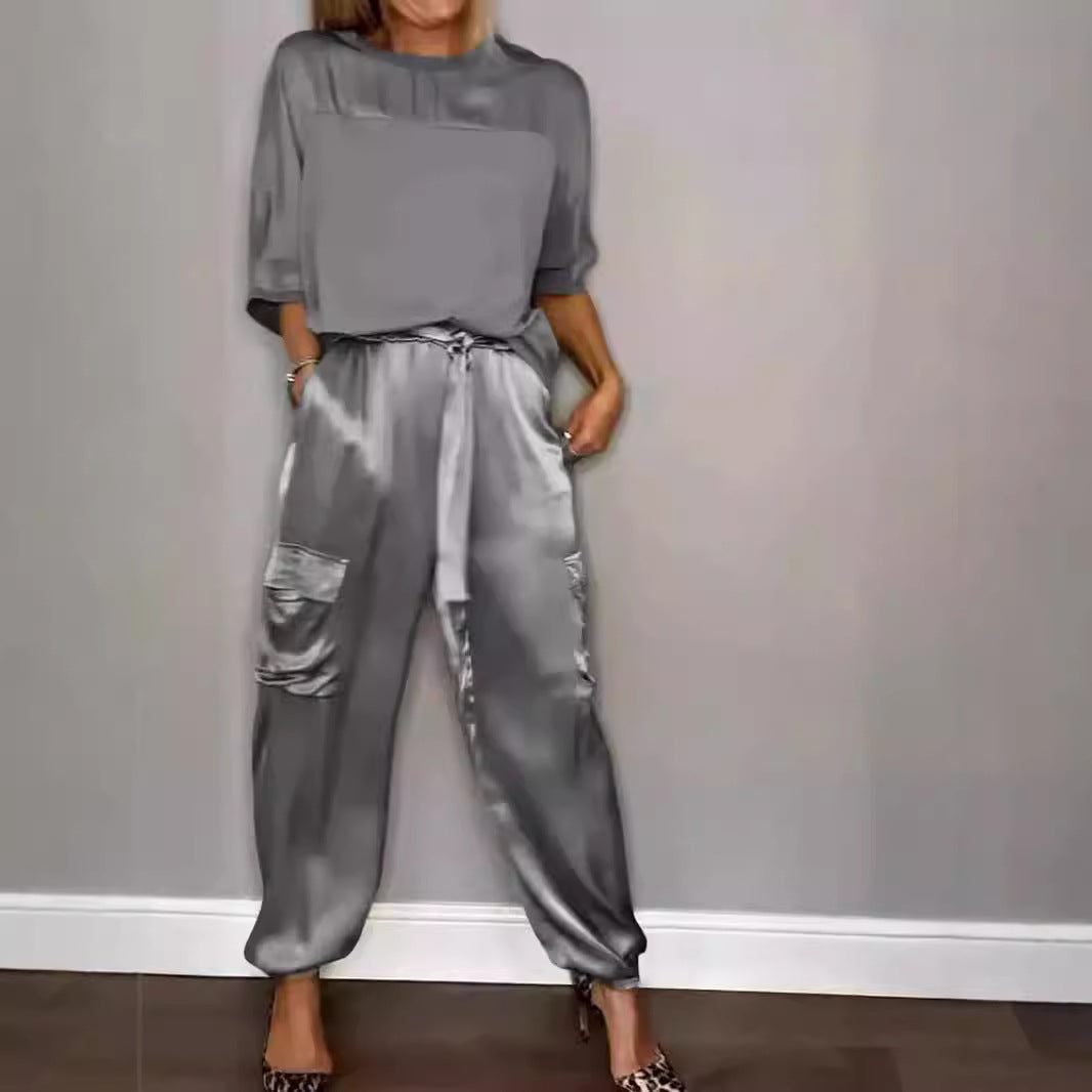 EB | Solide Farbe glatt Satin Top zweiteilige Set für Frauen